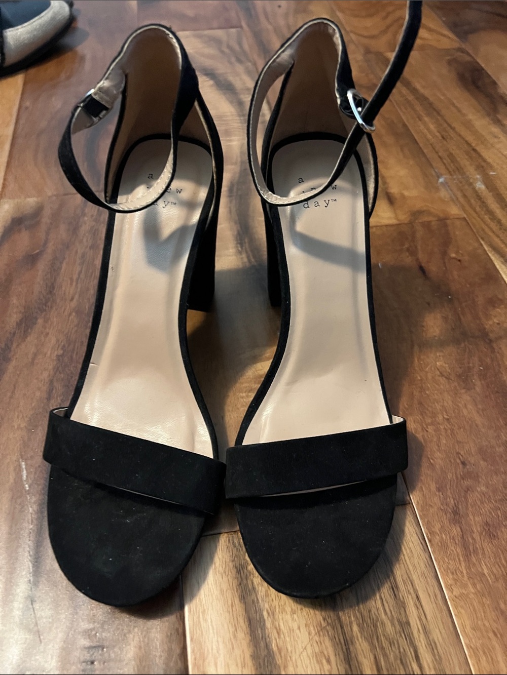 a new day Black Suede Ankle-Strap Block Heel Sandals